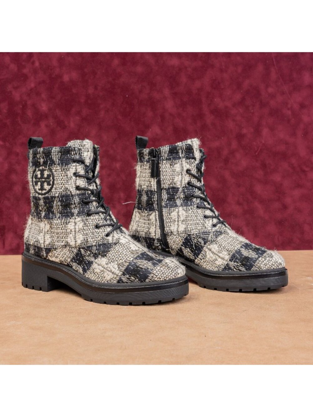Tory Burch Women Miller Fashion Plaid T Logo Zip Lace-up Combat Boots sz 8.5